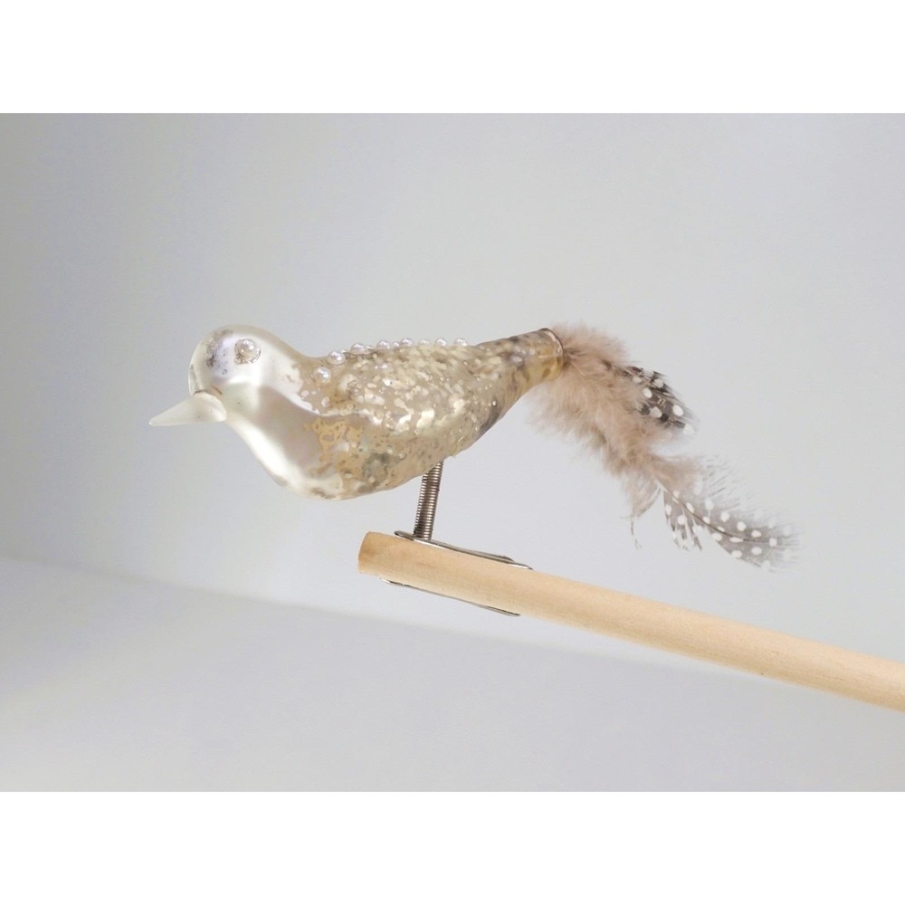 Vintage Mercury Glass Clip On Bird Christmas Ornament Spun Glass Spangled Feathe